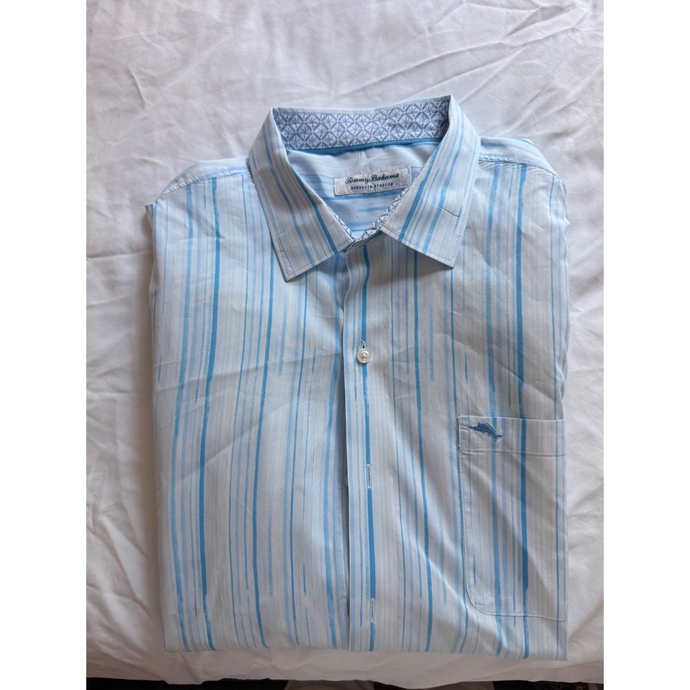 Tommy Bahama Sarasota Stretch Mens Blue White Striped Button Down Shirt L/S - Picture 2 of 11